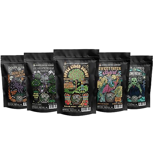 Bones Coffee Company NEW Flavors! Favorite Flavors Sample Pack | 4 oz Pack of 5 Assorted Whole Coffee Beans | Low Acid Medium Roast Gourmet Beverages (Whole Bean)