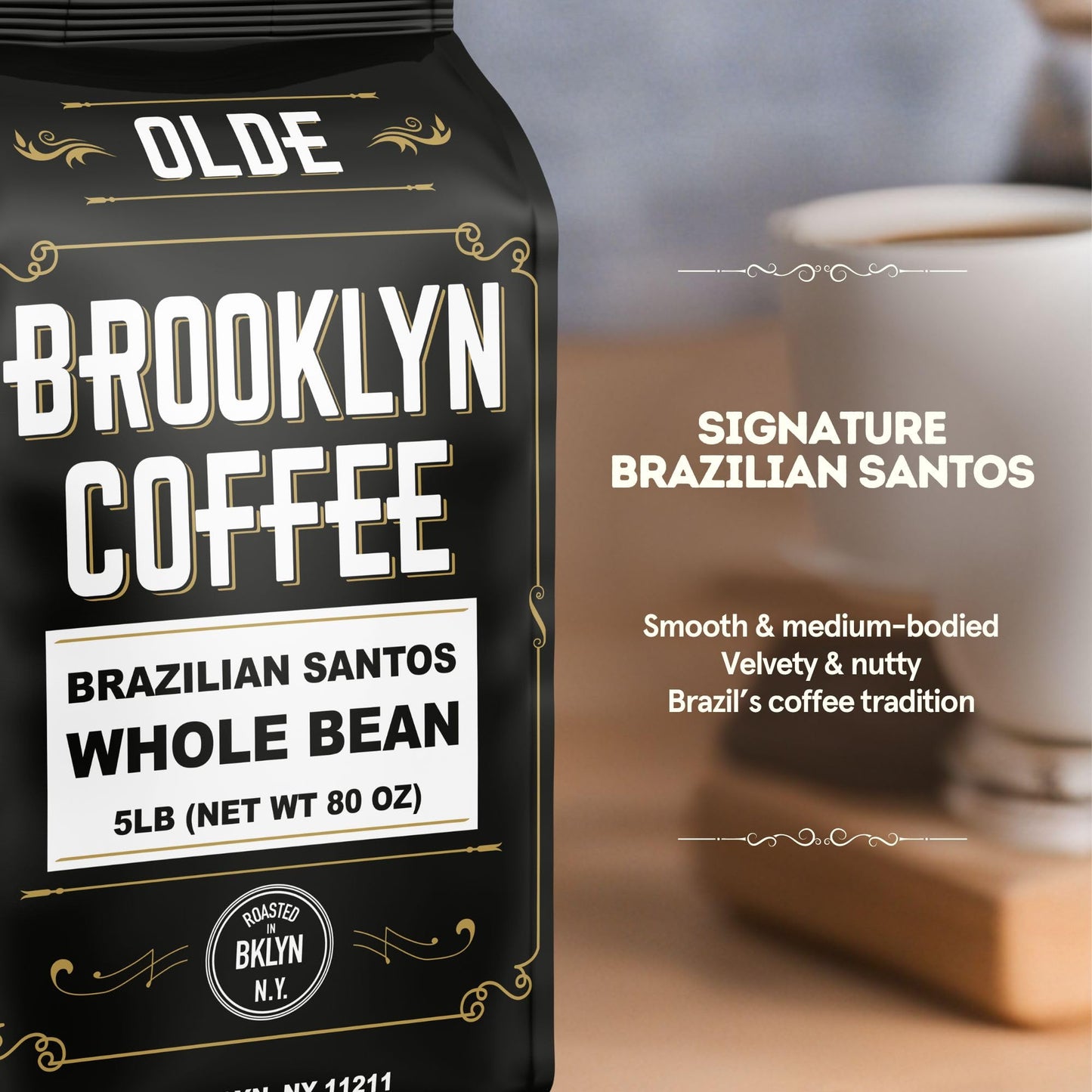 BROOKLYN COFFEE Whole Bean, Brazilian Santos Medium Roast (5lb) American, Breakfast, Classic - Fresh Bulk Coffee Beans Roasted Weekly in NYC