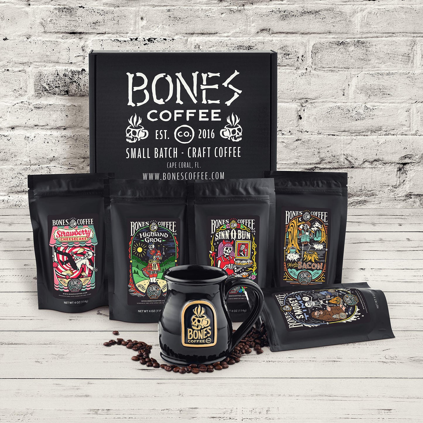 Bones Coffee Company NEW Flavors! Favorite Flavors Sample Pack | 4 oz Pack of 5 Assorted Whole Coffee Beans | Low Acid Medium Roast Gourmet Beverages (Whole Bean)